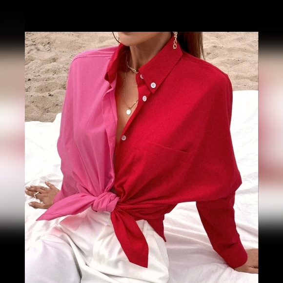 new medium Two Tone Pocket Patched Drop Shoulder Super Oversized Blouse - Picture 3 of 3